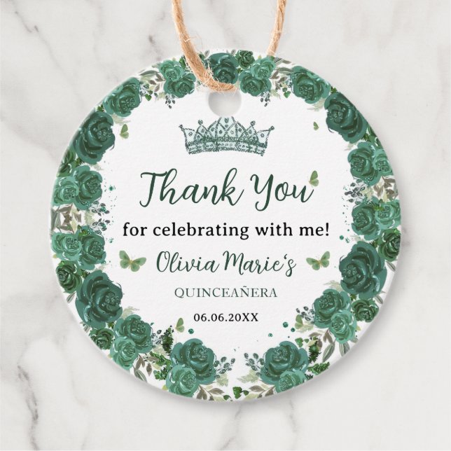 Quinceañera Emerald Grönt Blommigt Butterflies Tia Gåvor Etiketter (Framsida)