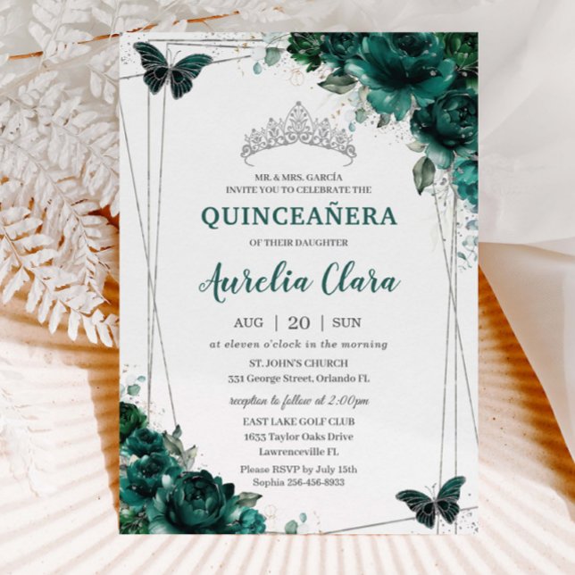 Quinceañera Emerald Grönt Blommigt Butterflies Tia Inbjudningar (Skapare uppladdad)