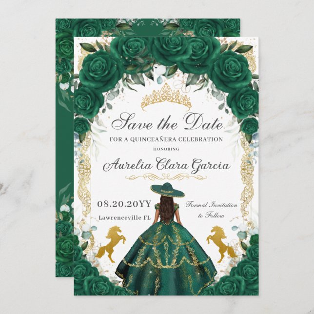 Quinceañera Emerald Grönt Blommigt Charro Horses Spara Datumet (Fram/baksida)