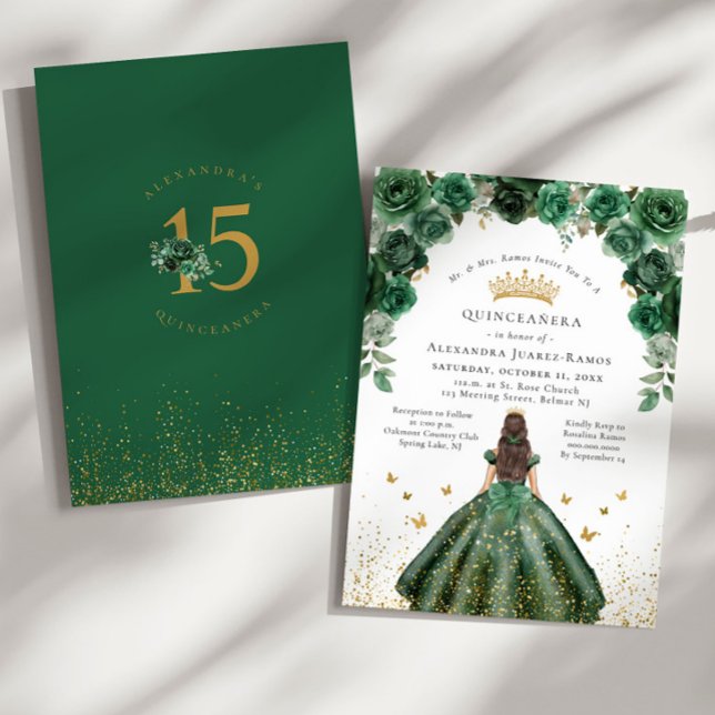Quinceañera Emerald Grönt Blommigt Faux Gold Foil Inbjudningar (Skapare uppladdad)