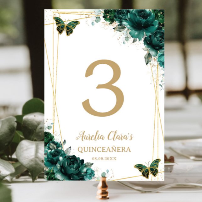 Quinceañera Emerald Grönt Blommigt Guld Butterflie Bordsnummer (Skapare uppladdad)