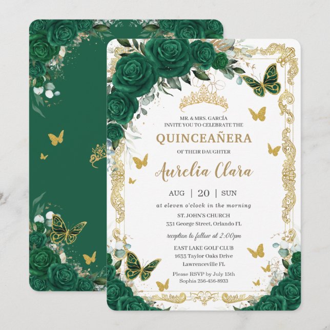 Quinceañera Emerald Grönt Blommigt Guld Butterflie Inbjudningar (Fram/baksida)