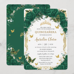 Quinceañera Emerald Grönt Blommigt Guld Butterflie Inbjudningar