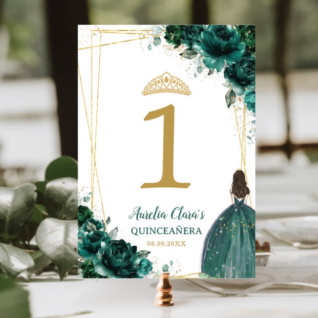 Quinceañera Emerald Grönt Blommigt Guld Girl Dress Bordsnummer (Skapare uppladdad)
