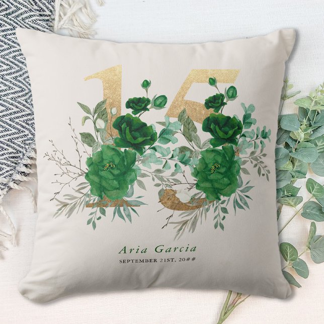 Quinceanera Emerald Grönt Blommigt Guld nummer 15 Kudde (15th birthday pillow from the Royal Rose Emerald Green Quinceanera Collection by Darling & May)