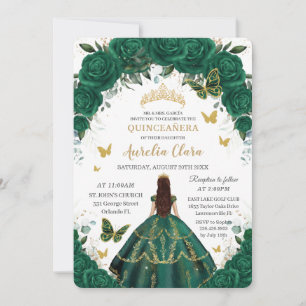 Quinceañera Emerald Grönt Blommigt Guld Princess i Inbjudningar