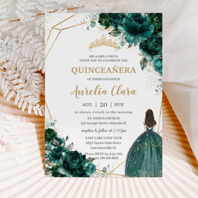 Quinceañera Emerald Grönt Blommigt Guld Princess I Inbjudningar (Skapare uppladdad)