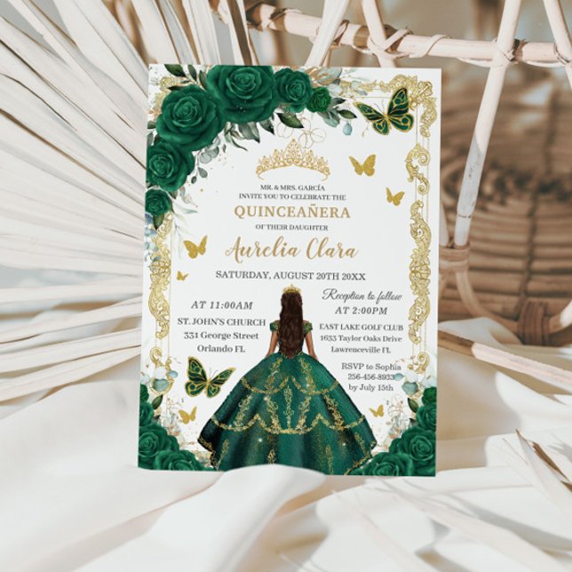 Quinceañera Emerald Grönt Blommigt Guld Princess Inbjudningar (Skapare uppladdad)