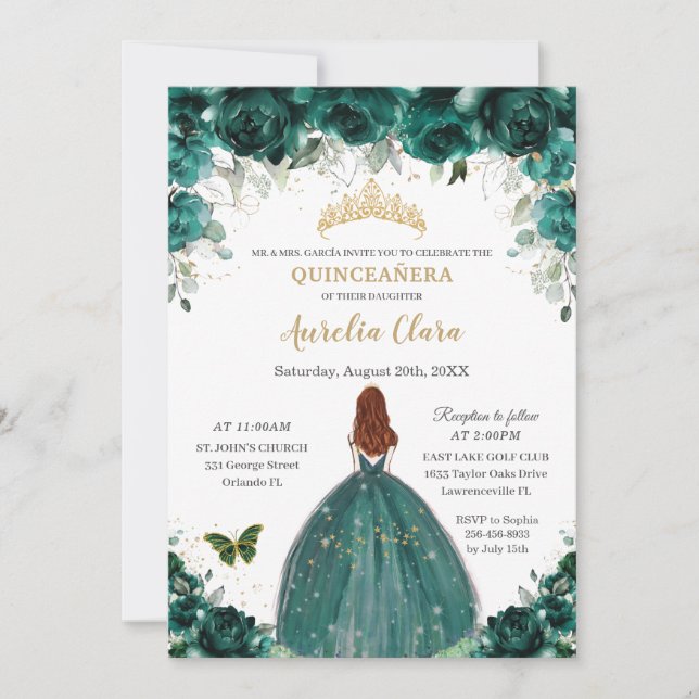 Quinceañera Emerald Grönt Blommigt Guld Princess Inbjudningar (Framsida)