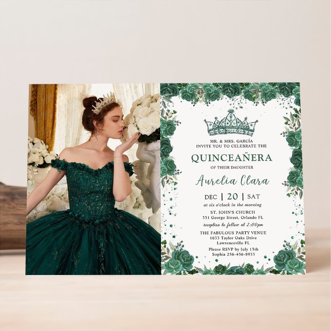 Quinceañera Emerald Grönt Blommigt Krona Birthday Inbjudningar (Skapare uppladdad)