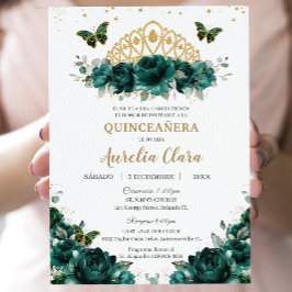 Quinceañera Emerald Grönt Blommigt Krona Español Inbjudningar