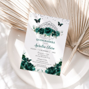 Quinceañera Emerald Grönt Blommigt Krona Español Inbjudningar