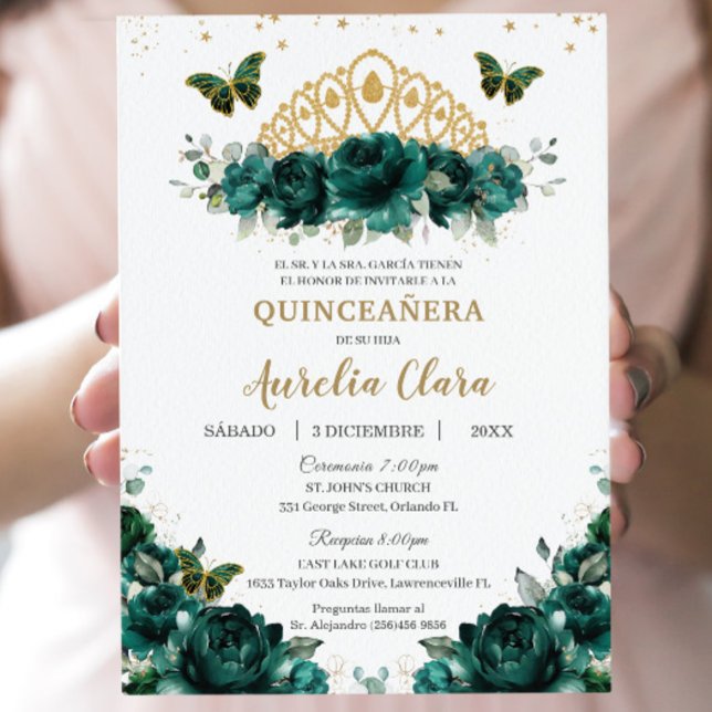 Quinceañera Emerald Grönt Blommigt Krona Español Inbjudningar (Skapare uppladdad)