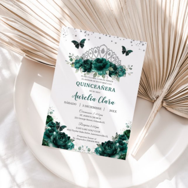 Quinceañera Emerald Grönt Blommigt Krona Español Inbjudningar (Skapare uppladdad)