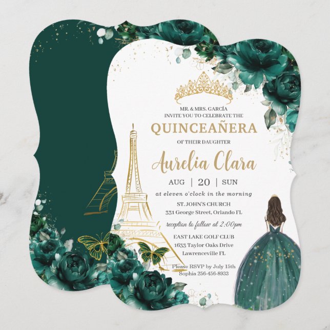 Quinceañera Emerald Grönt Blommigt Paris Guld Kron Inbjudningar (Fram/baksida)