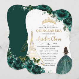 Quinceañera Emerald Grönt Blommigt Paris Guld Kron Inbjudningar