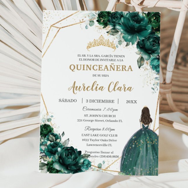 Quinceañera Emerald Grönt Blommigt Princess Españo Inbjudningar (Skapare uppladdad)