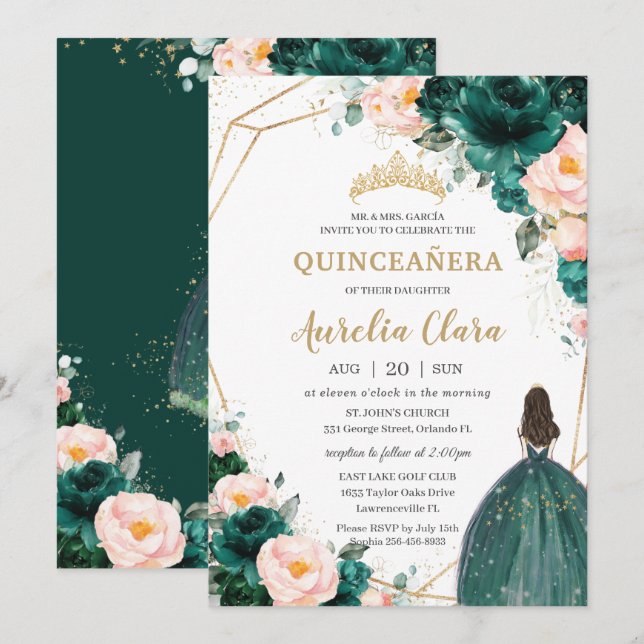 Quinceañera Emerald Grönt  Blommigt Princess Inbjudningar (Fram/baksida)
