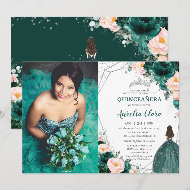 Quinceañera Emerald Grönt  Blommigt Princess Inbjudningar (Fram/baksida)
