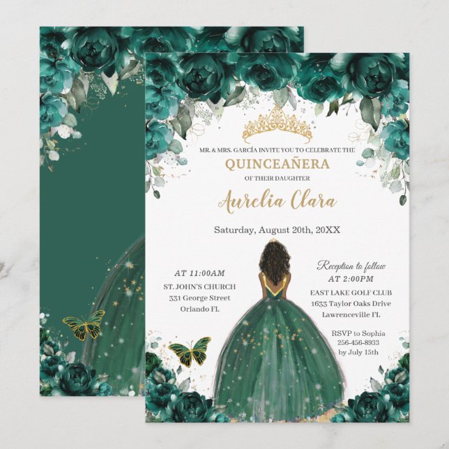 Quinceañera Emerald Grönt Blommigt Princess Krona Inbjudningar (Fram/baksida)