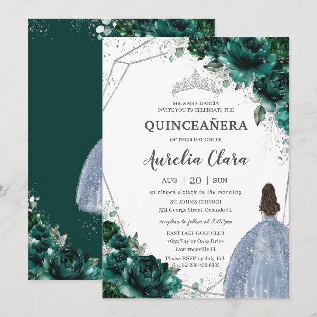 Quinceañera Emerald Grönt Blommigt Silver Blue Dre Inbjudningar (Fram/baksida)