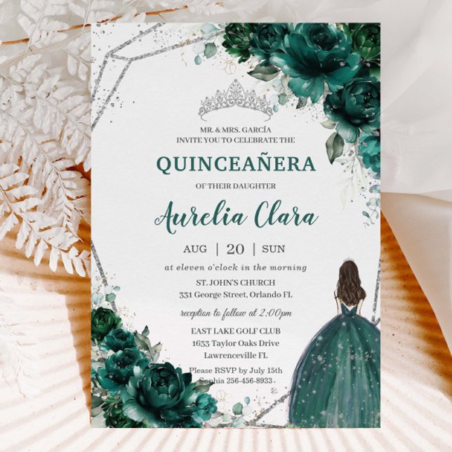 Quinceañera Emerald Grönt Blommigt Silver Princess Inbjudningar (Skapare uppladdad)