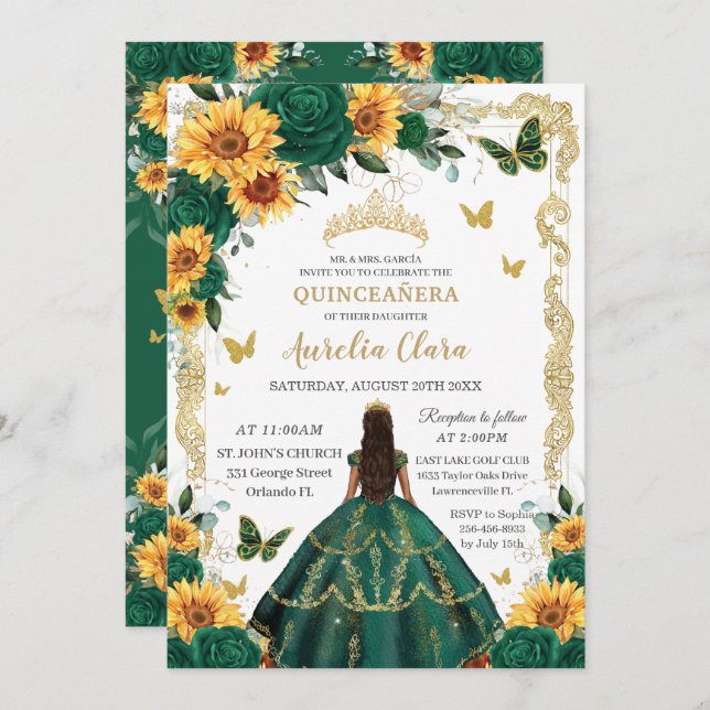 Quinceañera Emerald Grönt Blommigt Sunblommor Guld Inbjudningar (Fram/baksida)