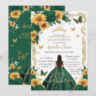 Quinceañera Emerald Grönt Blommigt Sunblommor Guld Inbjudningar