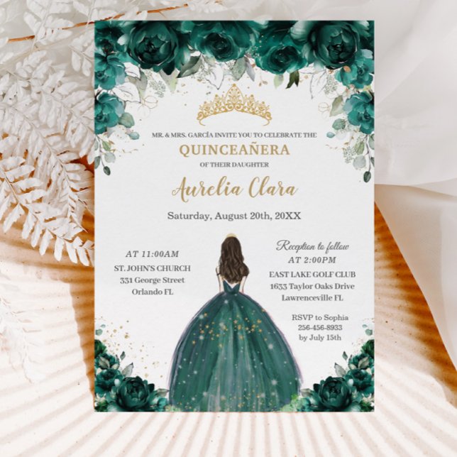 Quinceañera Emerald Grönt Blommigt Tiara Princess Inbjudningar (Skapare uppladdad)
