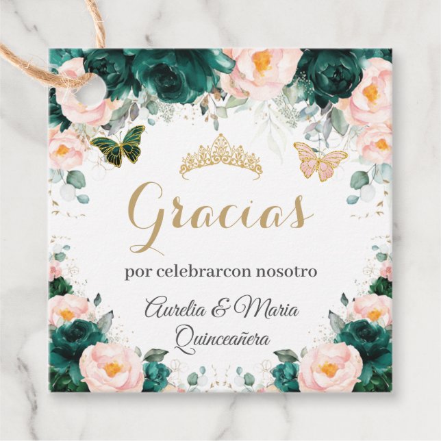 Quinceañera Emerald Grönt  Blommigt Twillingar Gåvor Etiketter (Framsida)