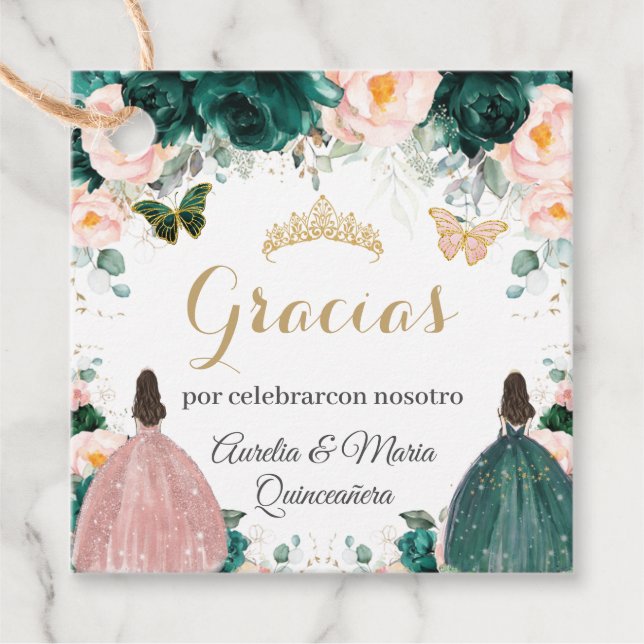 Quinceañera Emerald Grönt  Blommigt Twillingar Gåvor Etiketter (Framsida)