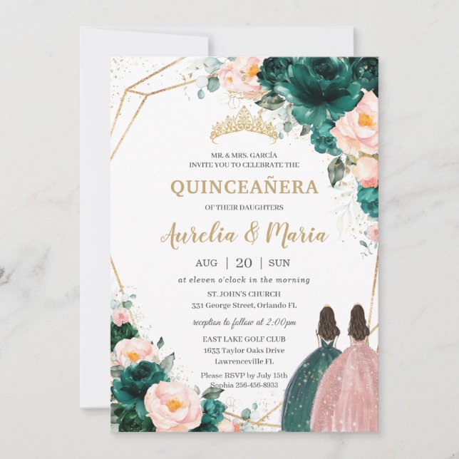 Quinceañera Emerald Grönt  Blommigt Twillingar Inbjudningar (Framsida)
