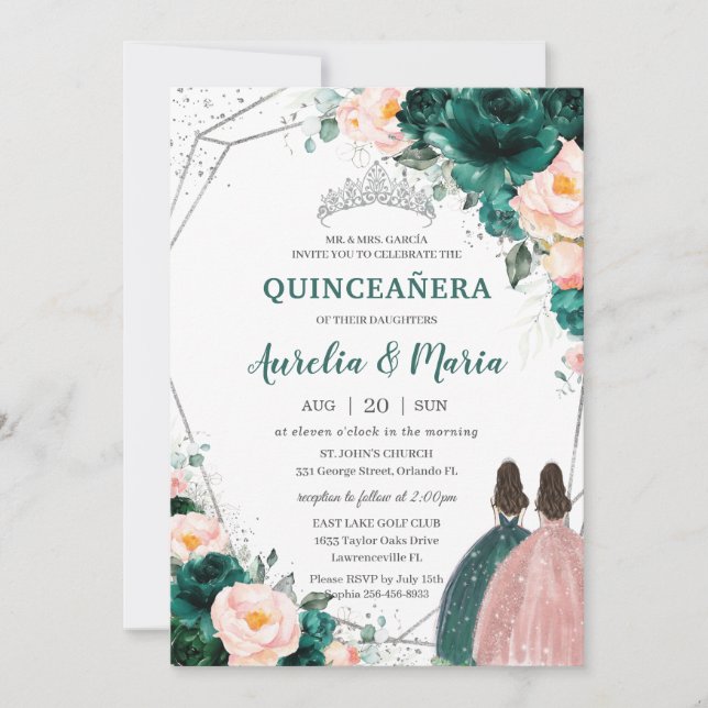 Quinceañera Emerald Grönt  Blommigt Twillingar Inbjudningar (Framsida)