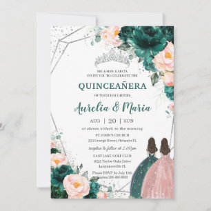 Quinceañera Emerald Grönt Blommigt Twillingar Inbjudningar