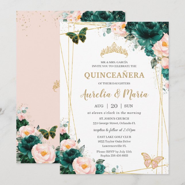 Quinceañera Emerald Grönt  Blommigt Twillingar Inbjudningar (Fram/baksida)