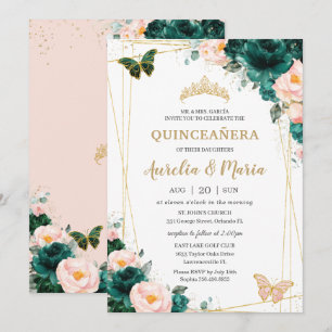 Quinceañera Emerald Grönt Blommigt Twillingar Inbjudningar