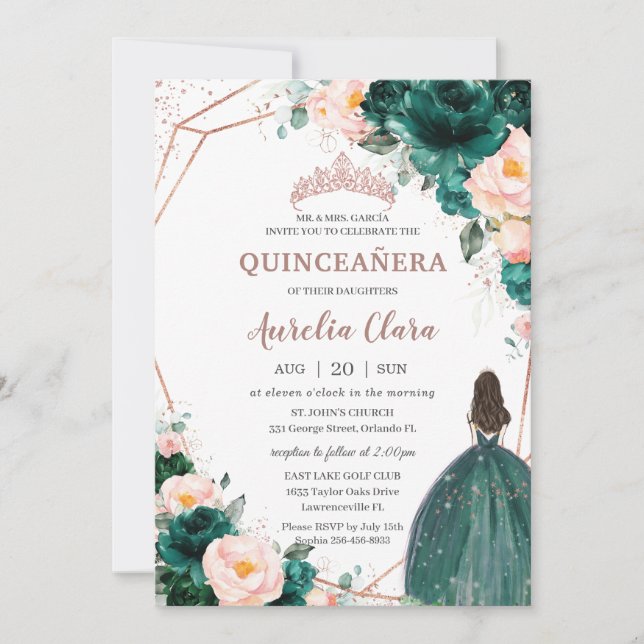 Quinceañera Emerald Grönt  Blommigten Ro Guld Inbjudningar (Framsida)