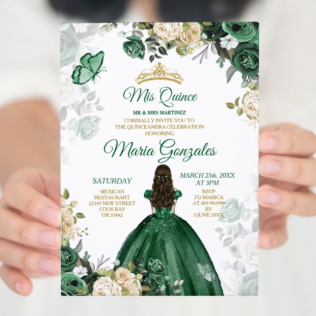Quinceañera Emerald Grönt Butterfly Guld Krona Inbjudningar (Skapare uppladdad)