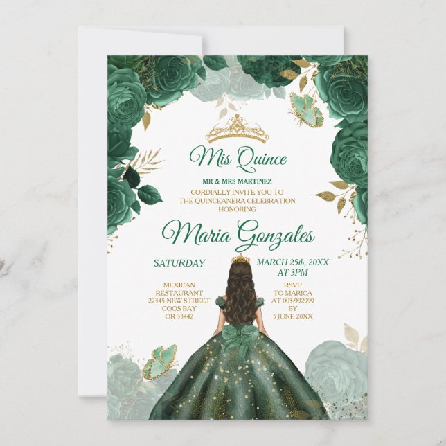 Quinceañera Emerald Grönt Butterfly Guld Krona Inbjudningar (Framsida)