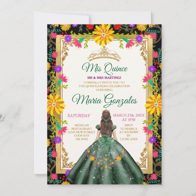 Quinceanera Emerald Grönt Colorful Flower Birthday Inbjudningar (Framsida)