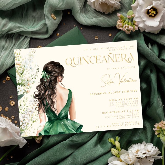 Quinceañera Emerald Grönt Dress Blommigt Brunette Inbjudningar (Quinceañera Emerald Green Dress Floral Brunette Invitation)