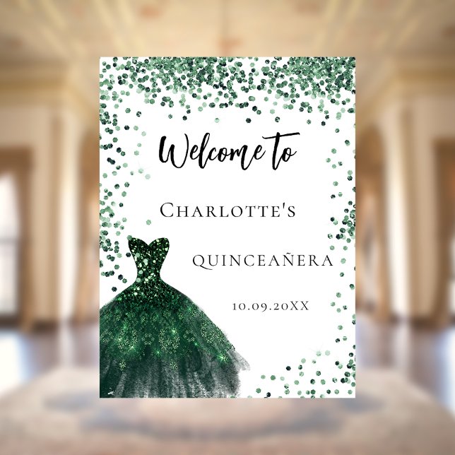 Quinceanera emerald grönt dress confietti välkomme poster (Skapare uppladdad)
