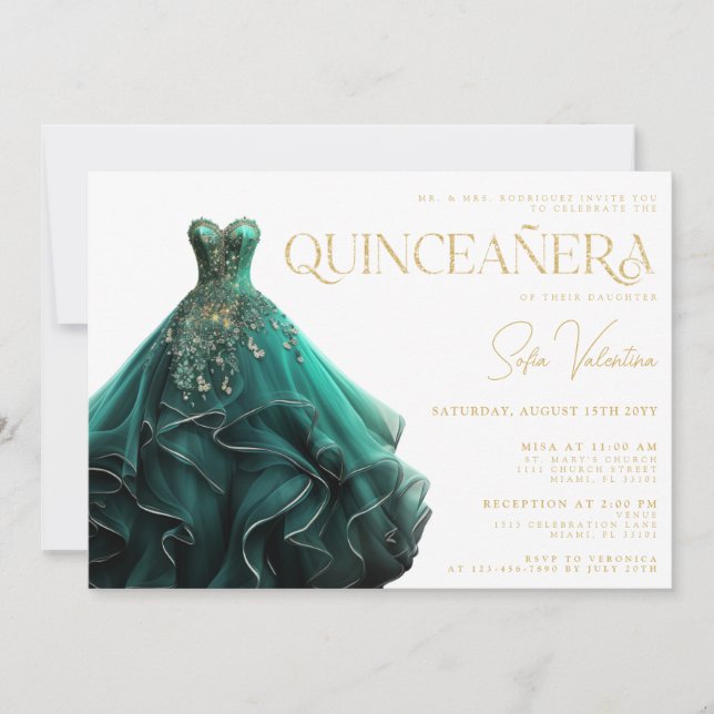 Quinceañera Emerald Grönt Dress Gown Guld Princess Inbjudningar (Framsida)