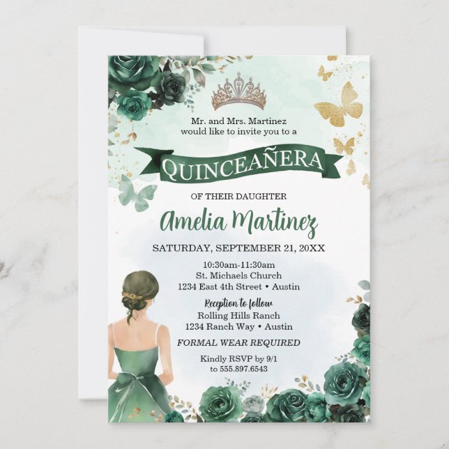 Quinceanera Emerald Grönt Dress Guld Butterfly Inbjudningar (Framsida)
