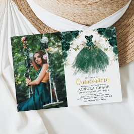 Quinceañera Emerald Grönt Enchanted Forest Blommig Inbjudningar