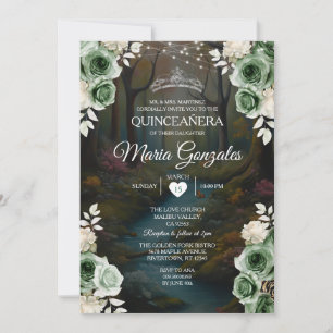 Quinceañera Emerald Grönt Enchanted Forest Blommig Inbjudningar
