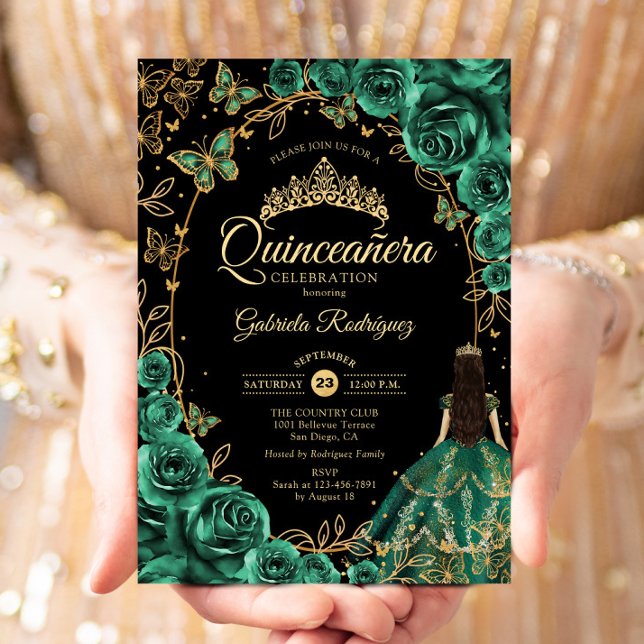 Quinceanera Emerald Grönt Guld Black Inbjudningar (Skapare uppladdad)