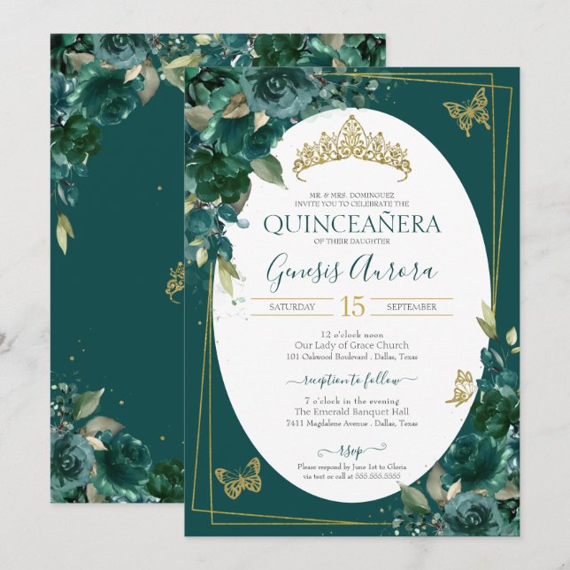 Quinceañera Emerald Grönt & Guld Blommigt Butterfl Inbjudningar (Fram/baksida)