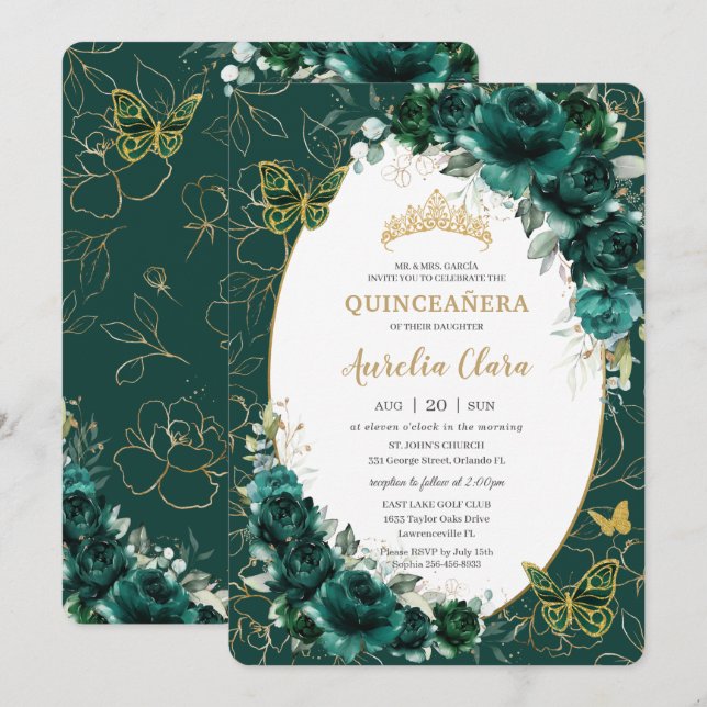 Quinceañera Emerald Grönt Guld Blommigt Butterflie Inbjudningar (Fram/baksida)