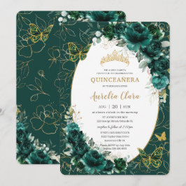 Quinceañera Emerald Grönt Guld Blommigt Butterflie Inbjudningar